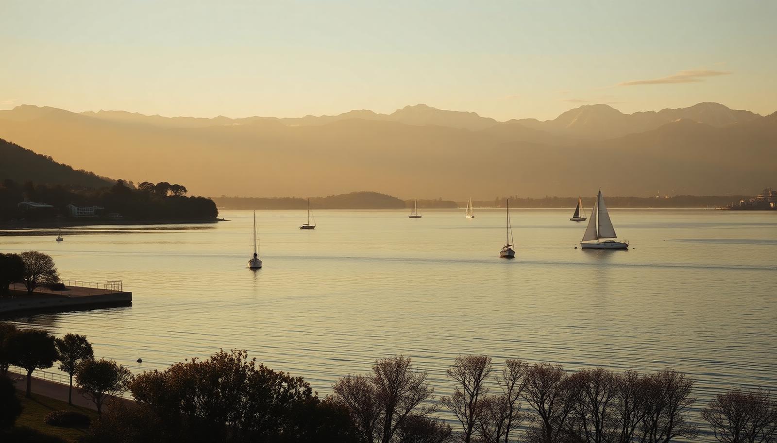 Lake Zurich at golden hour with the Alps in the distance