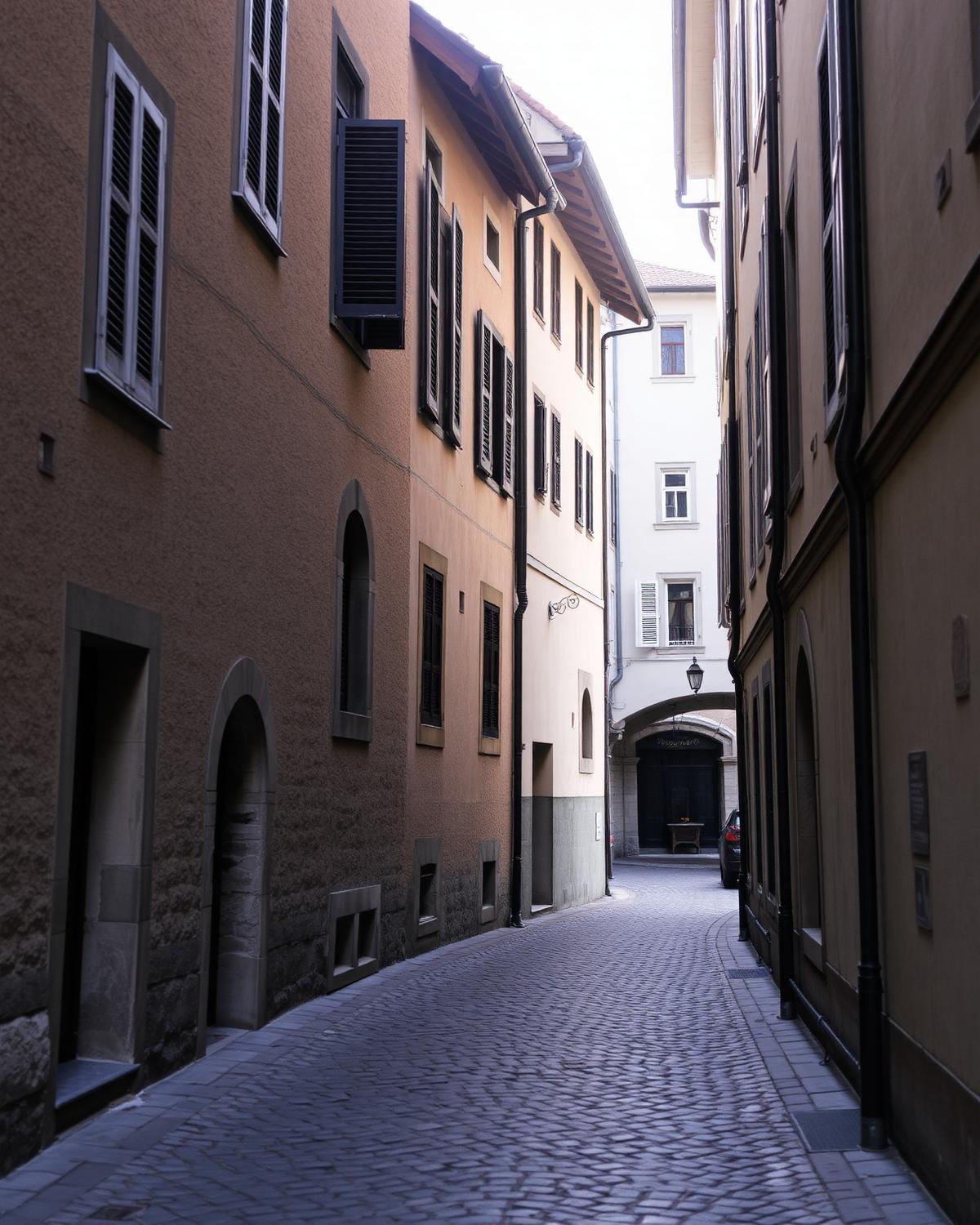 A cobblestone street in Zurich's old town in morning light